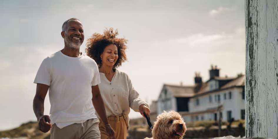 Four smiling adults walking a dog together along a residential street.
