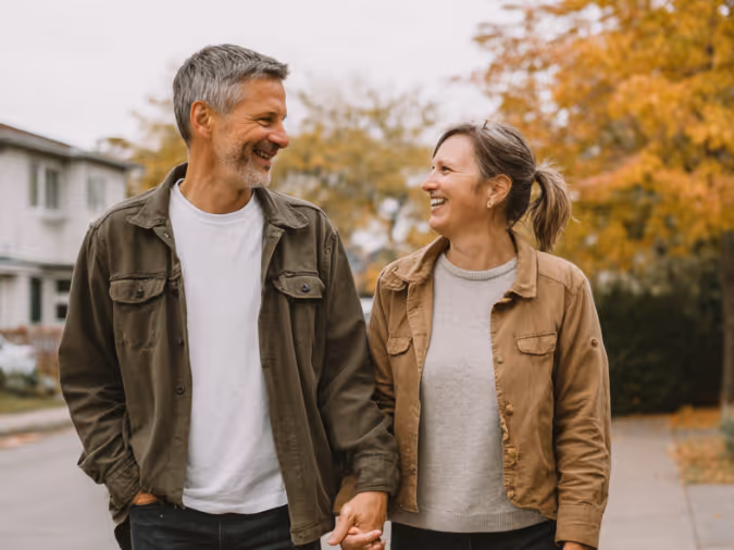 Smiling middle-aged couple holding hands while walking outdoors with fall foliage in the background.