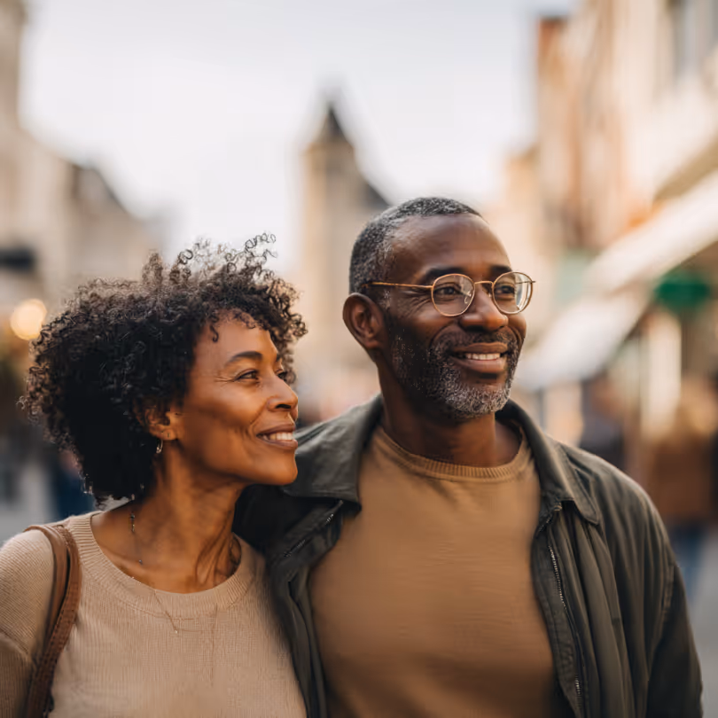 A couple walking together along a city street.